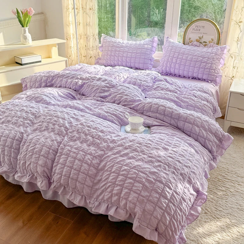Korean Princess Lace Ruffle Bedding Set – Soft Seersucker Duvet Cover & Pillowcases