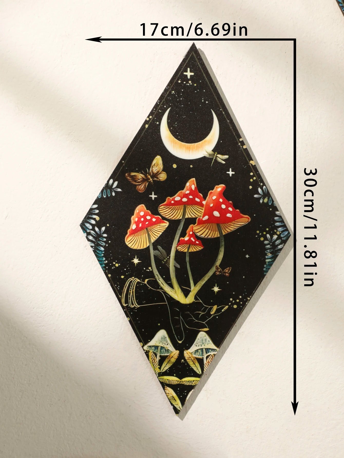 Wooden Boho Wall Hanging – Mushroom & Butterfly Pattern Rhomboid Decor for Witchy Vibes