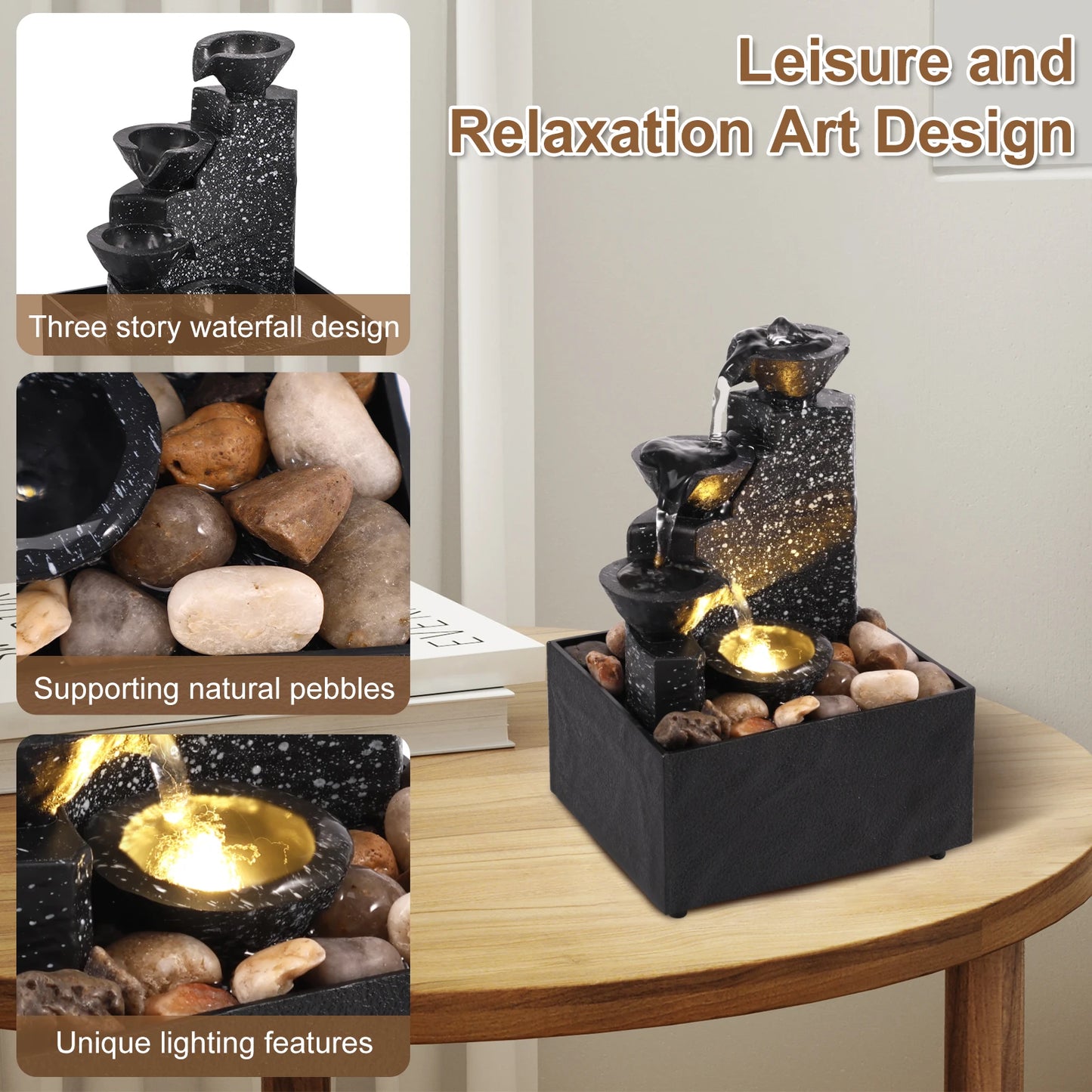 Tabletop Water Fountain, with Soft Lights Decorative Creative Flowing Water Ornaments Landscape Deco Indoor Zen Relaxation