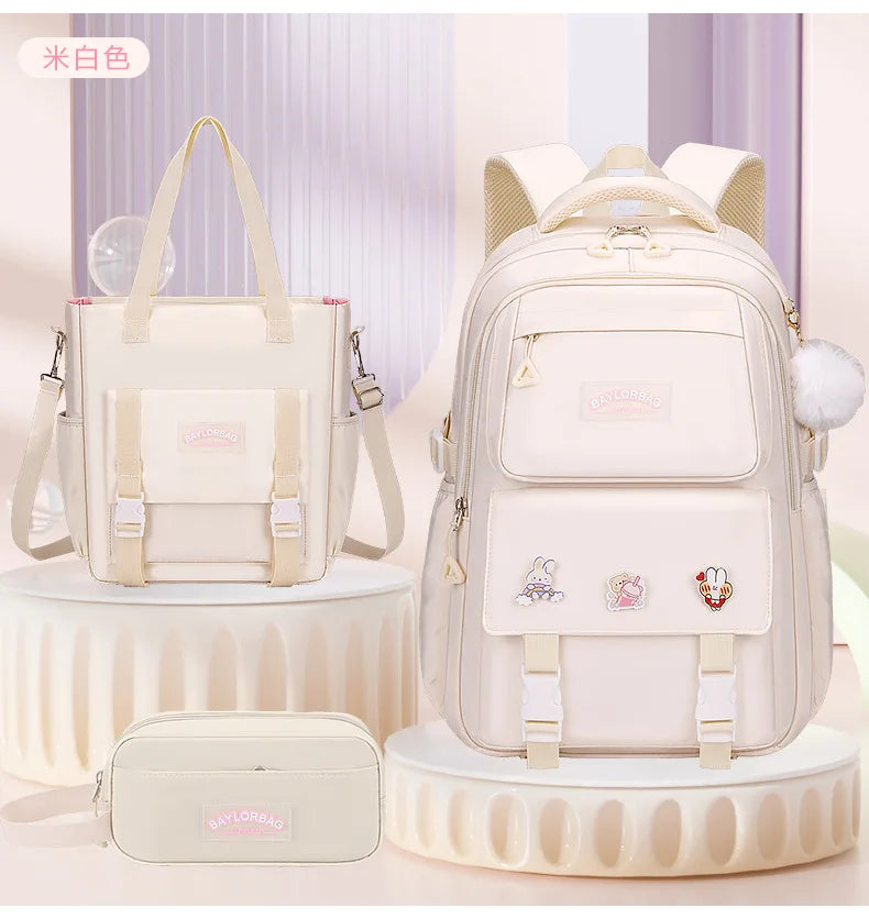 New Pink Large Capacity Spine Protection Backpack for Middle and High School Students with Hanging Accessories Girls Children's