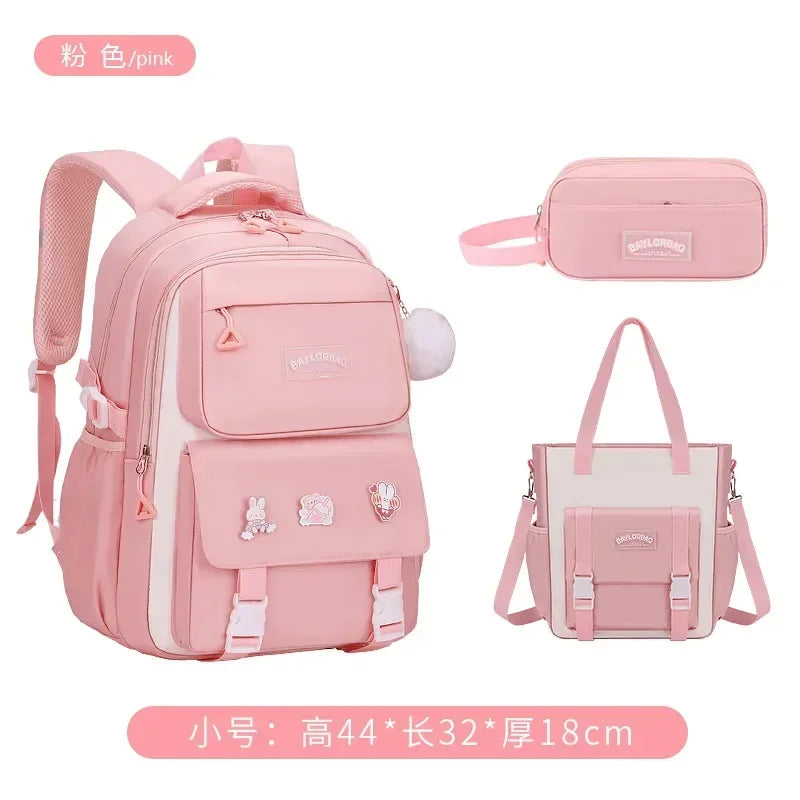 New Pink Large Capacity Spine Protection Backpack for Middle and High School Students with Hanging Accessories Girls Children's