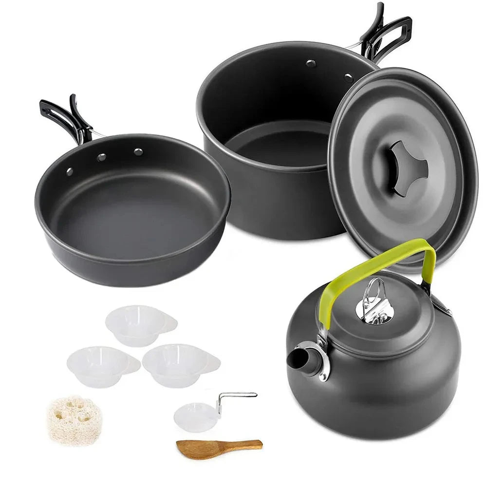 Outdoor camping cooking set aluminum lightweight outdoor camping cooking equipment pot and teapot set