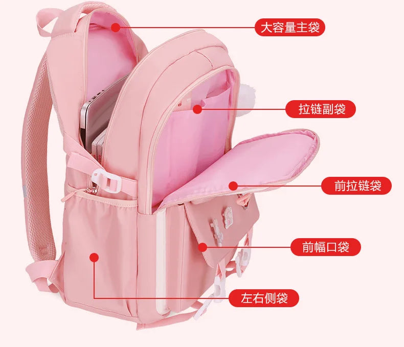 New Pink Large Capacity Spine Protection Backpack for Middle and High School Students with Hanging Accessories Girls Children's