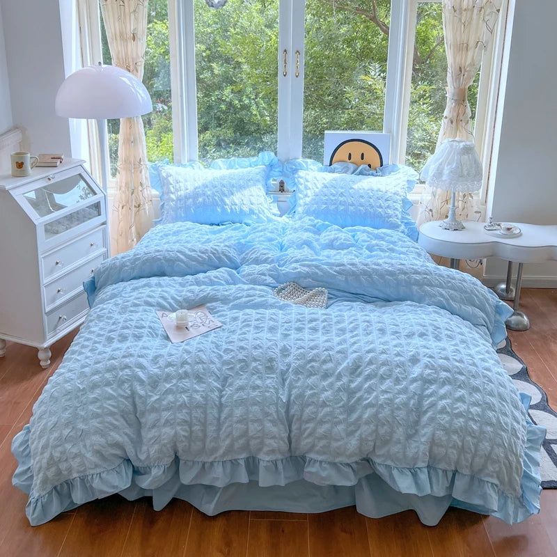 Korean Princess Lace Ruffle Bedding Set – Soft Seersucker Duvet Cover & Pillowcases
