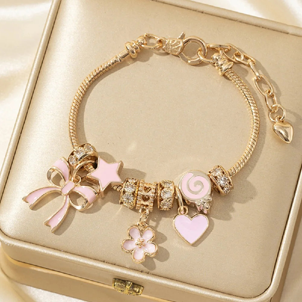 Adjustable Gold Rhinestone Bangle Bracelet with Butterfly & Heart Charms