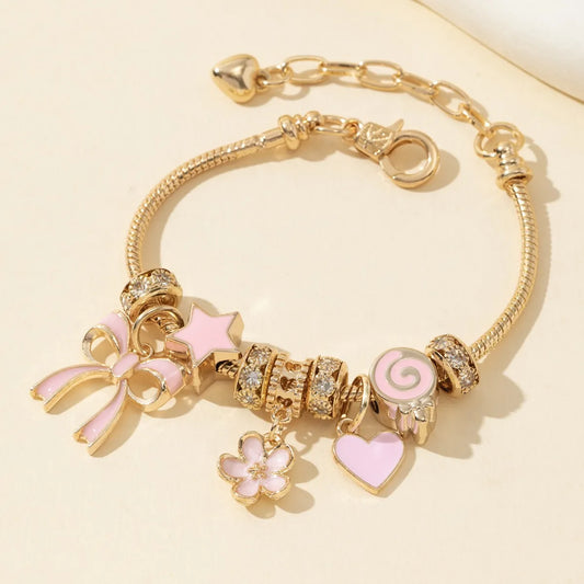 Adjustable Gold Rhinestone Bangle Bracelet with Butterfly & Heart Charms