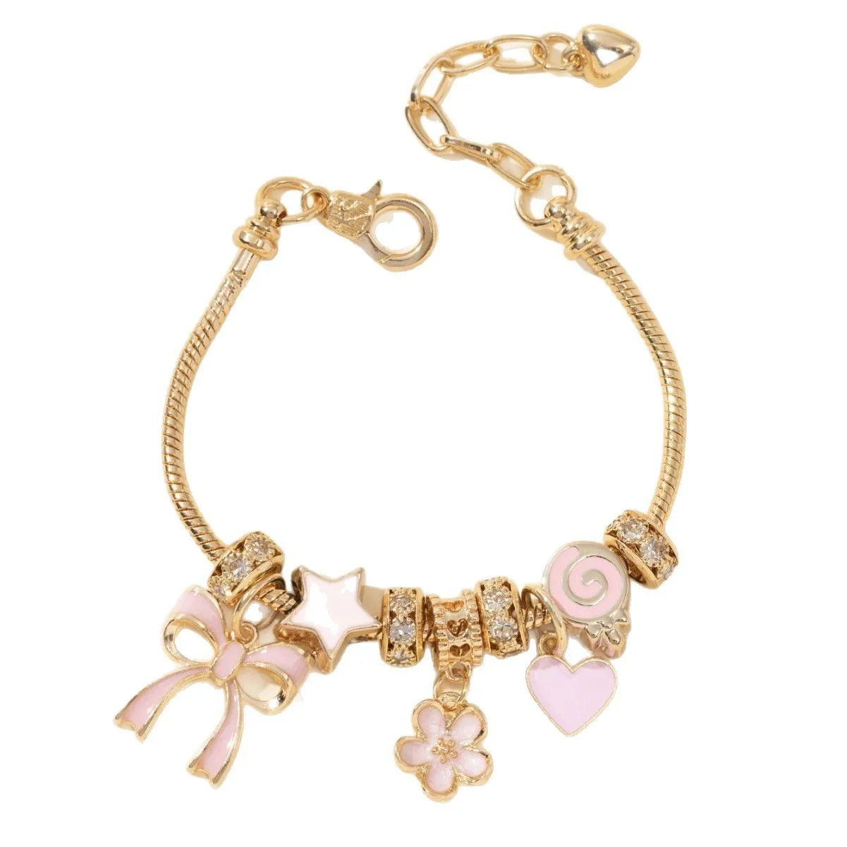 Adjustable Gold Rhinestone Bangle Bracelet with Butterfly & Heart Charms