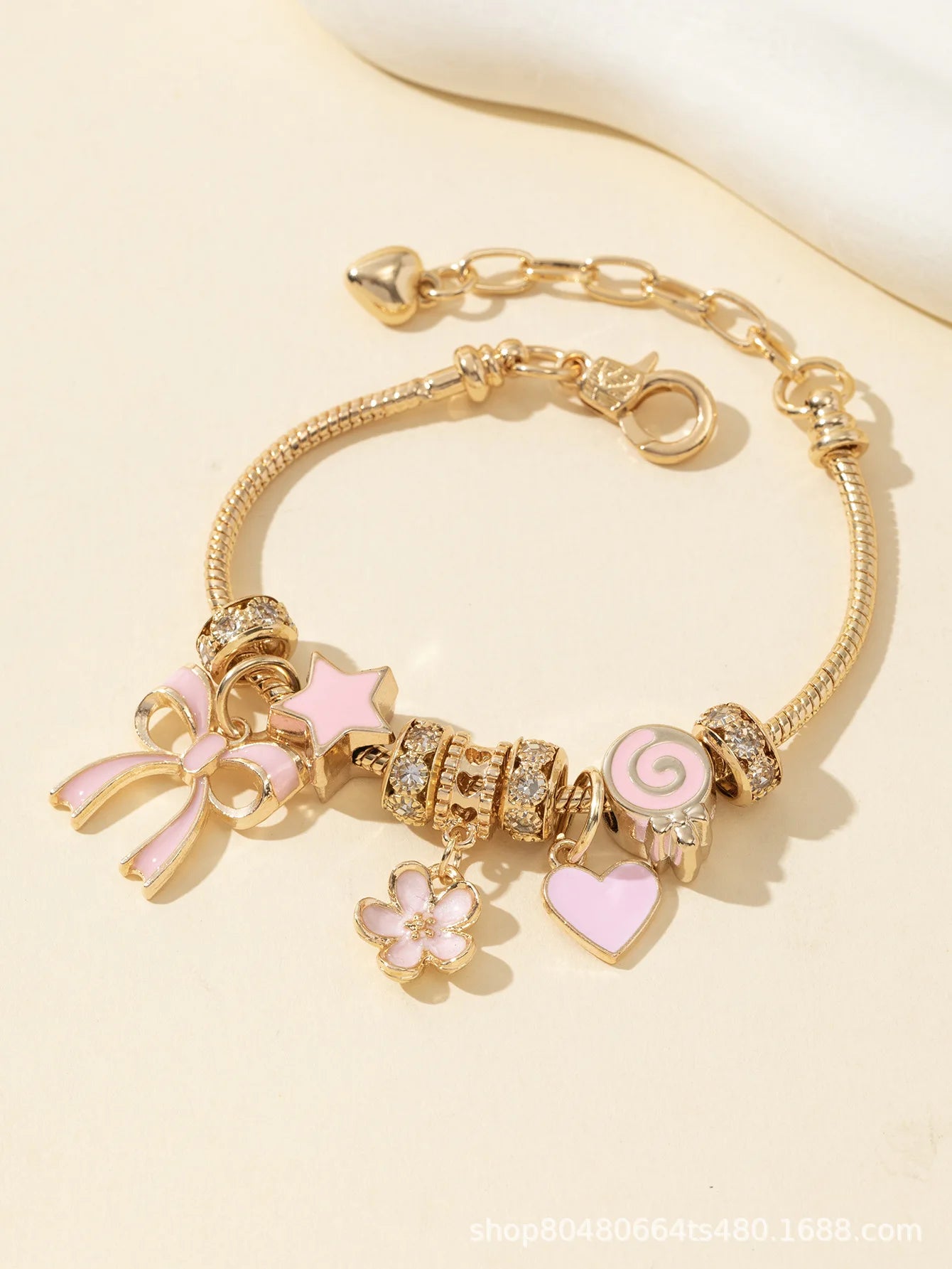 Adjustable Gold Rhinestone Bangle Bracelet with Butterfly & Heart Charms