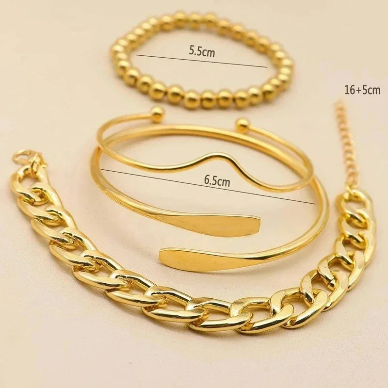 4pc Punk Cuban Curb Chain Bracelets Set for Women, Gold Color Jewelry