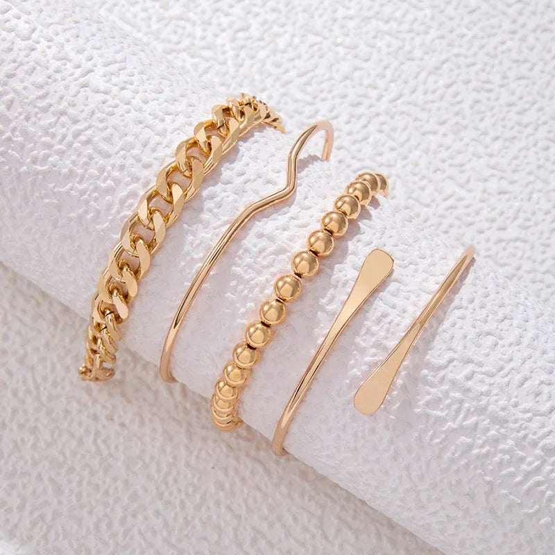 4pc Punk Cuban Curb Chain Bracelets Set for Women, Gold Color Jewelry