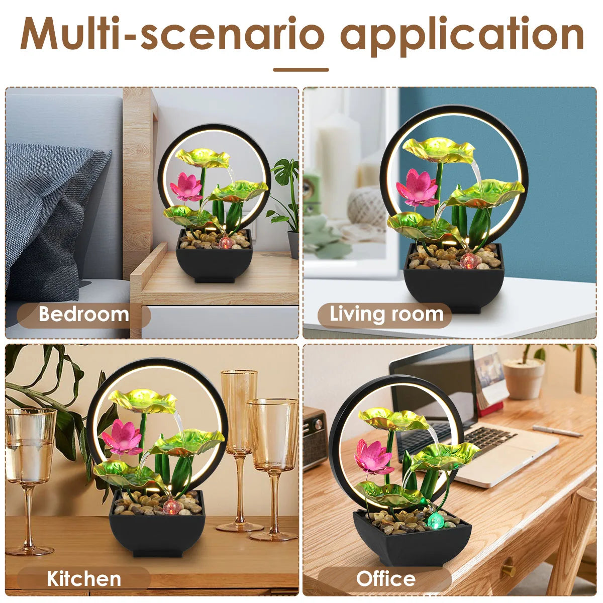 Desktop Waterfall Fountain with LED Lights & Natural Stones (USB)