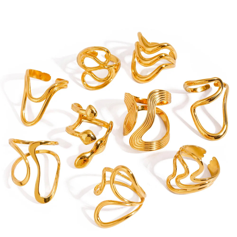 18K Gold Plated Stainless Steel Adjustable Irregular Wave Ring