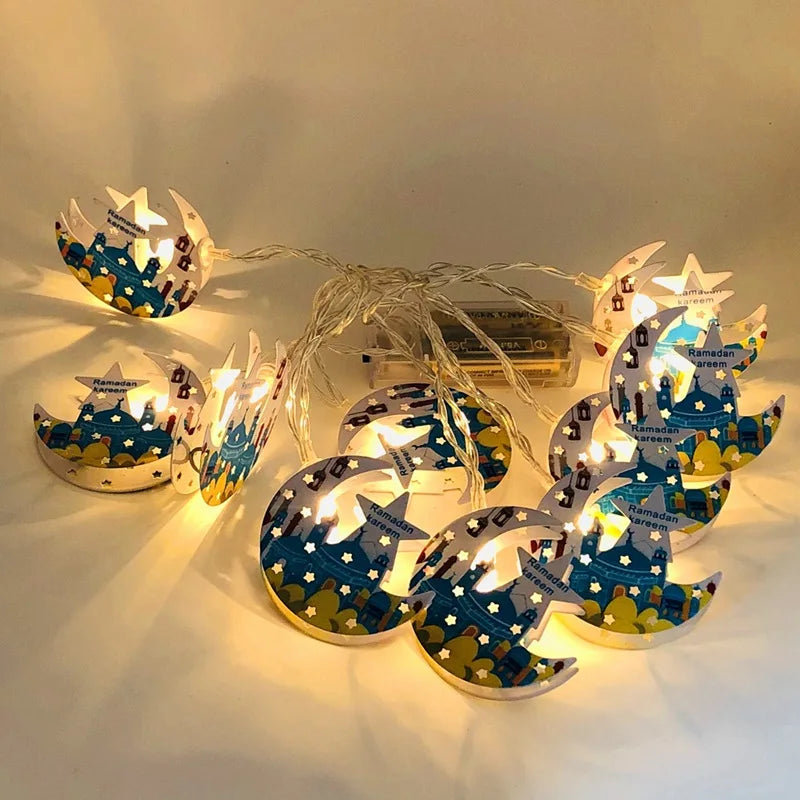 2025 Eid Mubarak LED String Lights Moon Star Castle Lamp Ramadan Kareem Decoration for Muslim Islamic Eid Al-Fitr Party Supplies