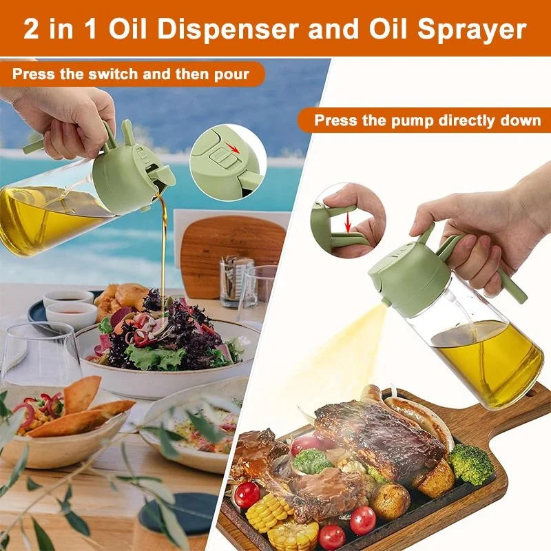 Olive Oil Dispenser,2 in 1 Oil Sprayer for Cooking,470ml Oil Spray Bottle with Pourer, Food-grade Oil Dispenser and Oil Sprayer