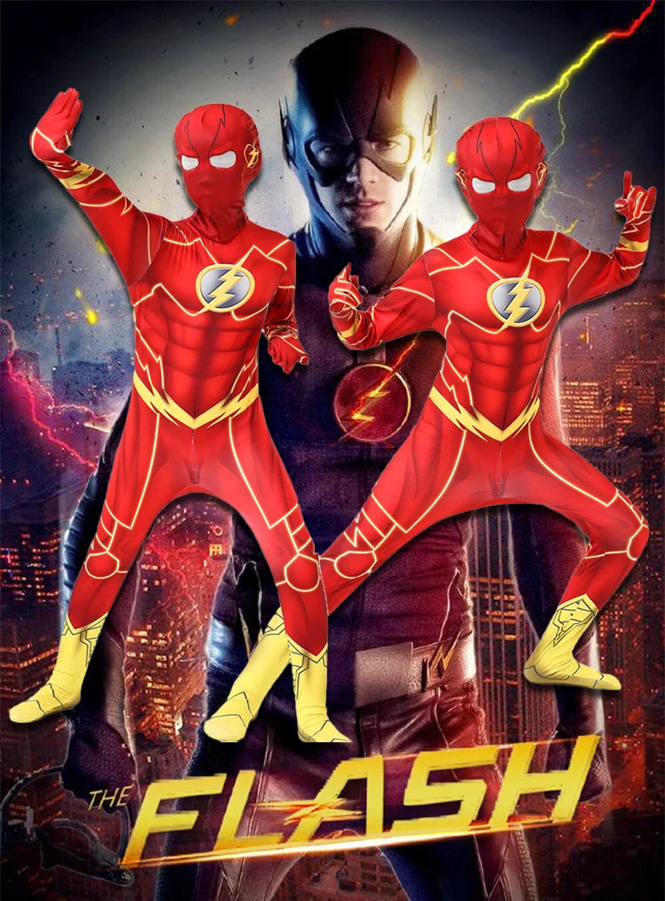 Kids Flash Man Boys Cosplay Costume New Year Carnival Party Fancy Dress with Headgear Mask Sets