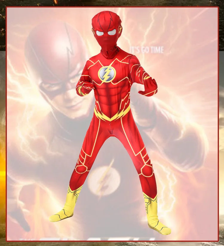 Kids Flash Man Boys Cosplay Costume New Year Carnival Party Fancy Dress with Headgear Mask Sets
