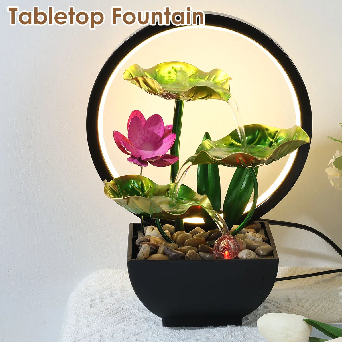 Desktop Waterfall Fountain with LED Lights & Natural Stones (USB)