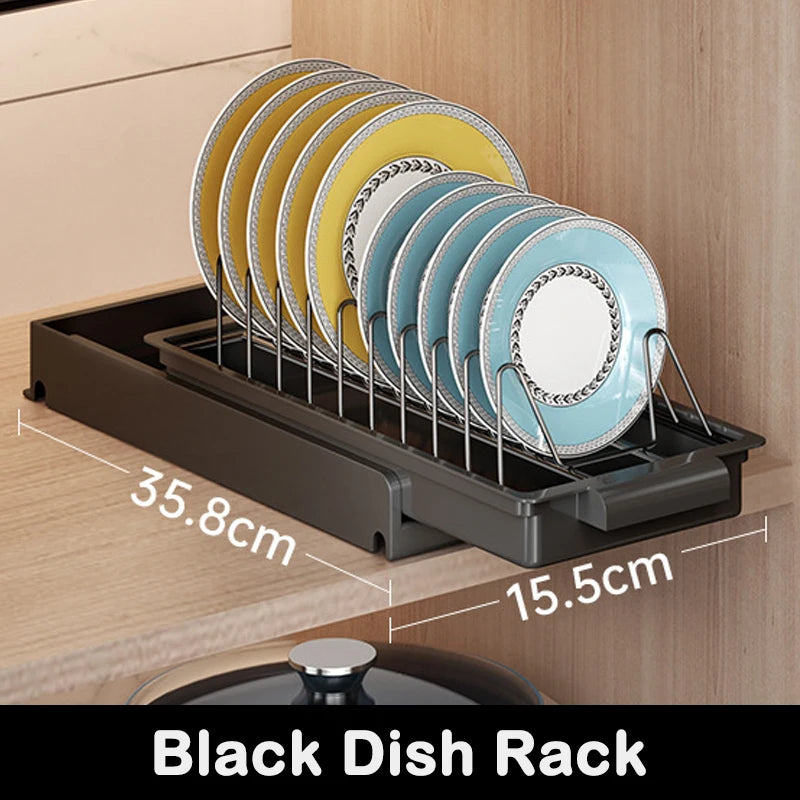 Kitchen Pull-Out Dish Rack with Drainboard – Sliding Mesh Cabinet Basket Organizer for Drawer Storage & Accessories