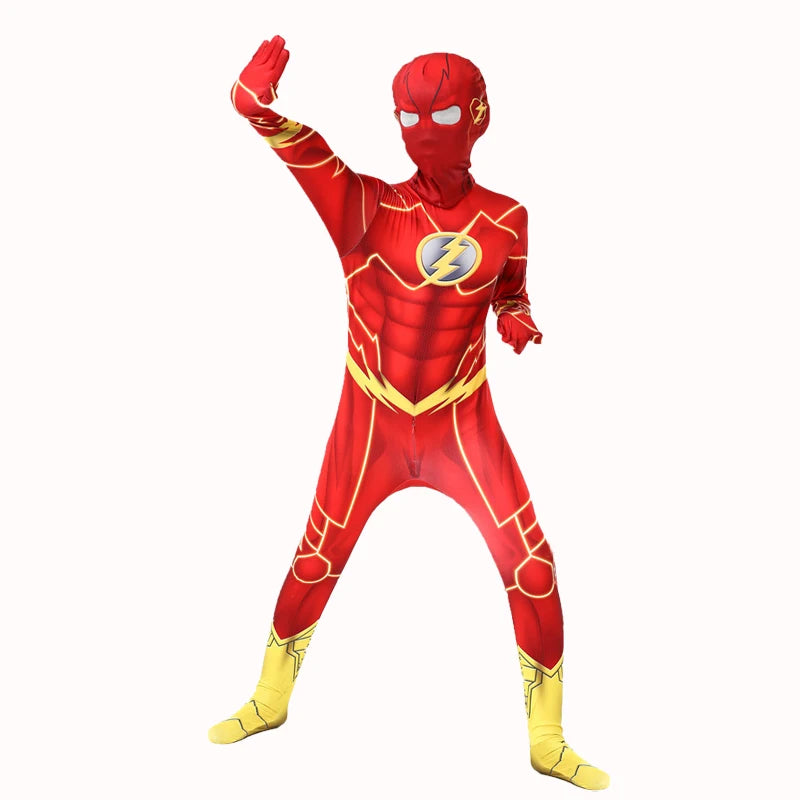 Kids Flash Man Boys Cosplay Costume New Year Carnival Party Fancy Dress with Headgear Mask Sets