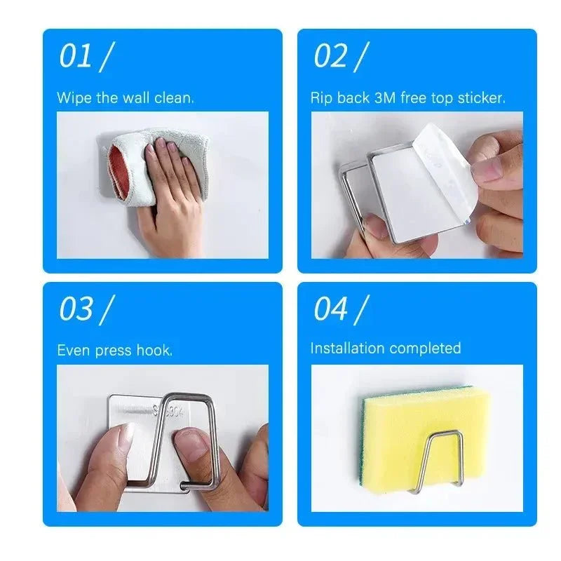 Kitchen Organizer Sponge Holder Soap Drying Rack Self Adhesive Sink Drain Racks Stainless Steel Sink Wall Storage Racks Hooks - Thrifty Delights