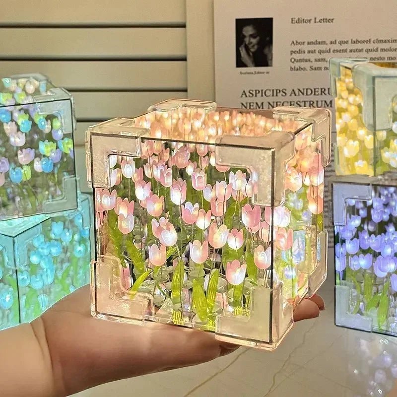 DIY Tulip Cube Lamp Simulation Flower Bedroom Sleeping Table Lamp Handmade Craft Tulips Night Light Birthday Gift - Thrifty Delights