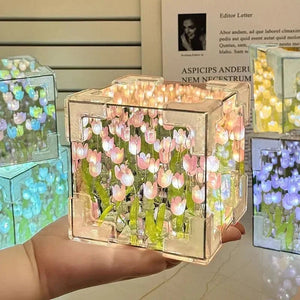 DIY Tulip Cube Lamp Simulation Flower Bedroom Sleeping Table Lamp Handmade Craft Tulips Night Light Birthday Gift - Thrifty Delights