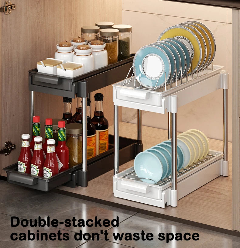 Kitchen Pull-Out Dish Rack with Drainboard – Sliding Mesh Cabinet Basket Organizer for Drawer Storage & Accessories
