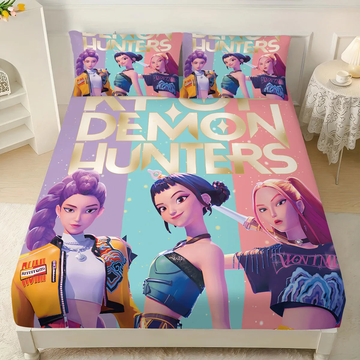 3pcs K-Pop Demon Hunters Bed Sheet Set – Smooth, Soft & Machine-Safe