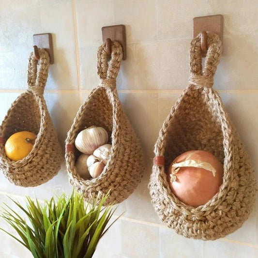 1PC Hand - woven Basket Wall Kitchen Hanging Net Pocket Cotton Rope Water Drop Fruit Vegetable Storage Basket Home Organizer Tools - Thrifty Delights
