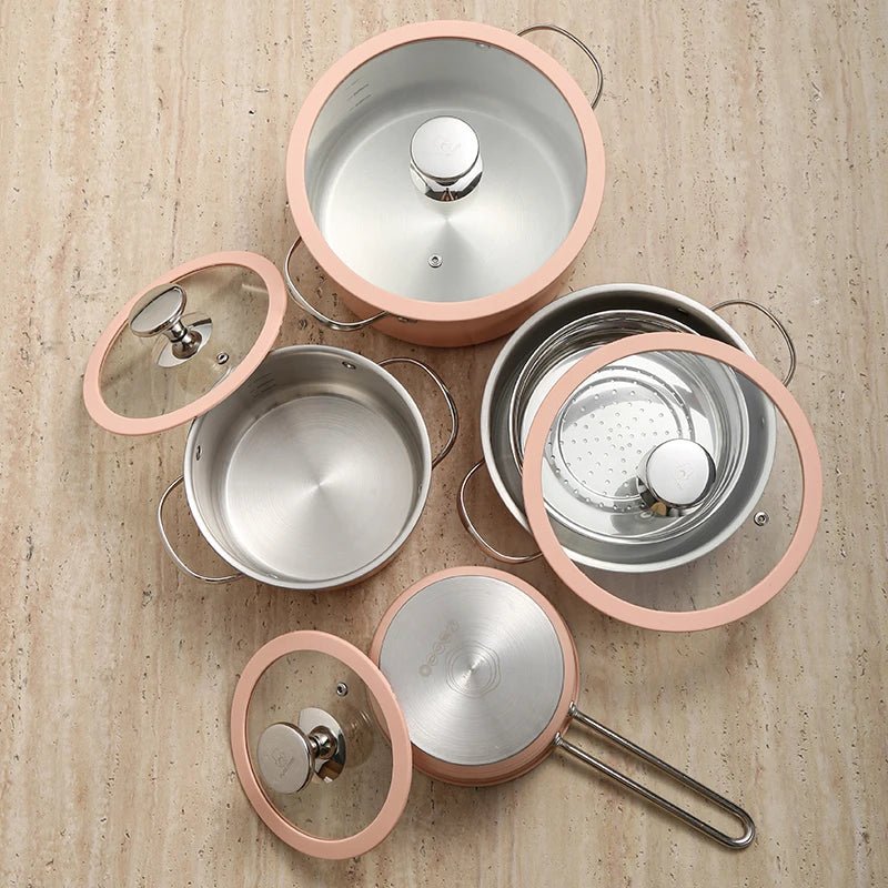 High Quality Colored Kitchen Seafood Milk Soup Sacuce Pot & Pan Non - Toxic Stainless Steel Cook Pot Set with Glass Lid 4 PCS SET( - Thrifty Delights