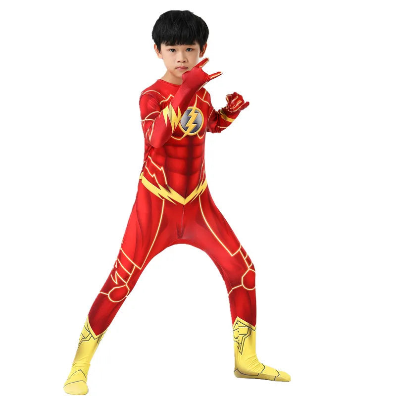 Kids Flash Man Boys Cosplay Costume New Year Carnival Party Fancy Dress with Headgear Mask Sets