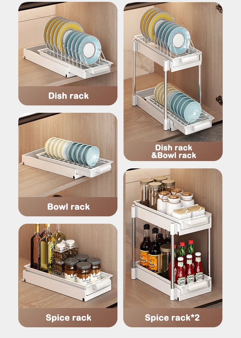 Kitchen Pull-Out Dish Rack with Drainboard – Sliding Mesh Cabinet Basket Organizer for Drawer Storage & Accessories