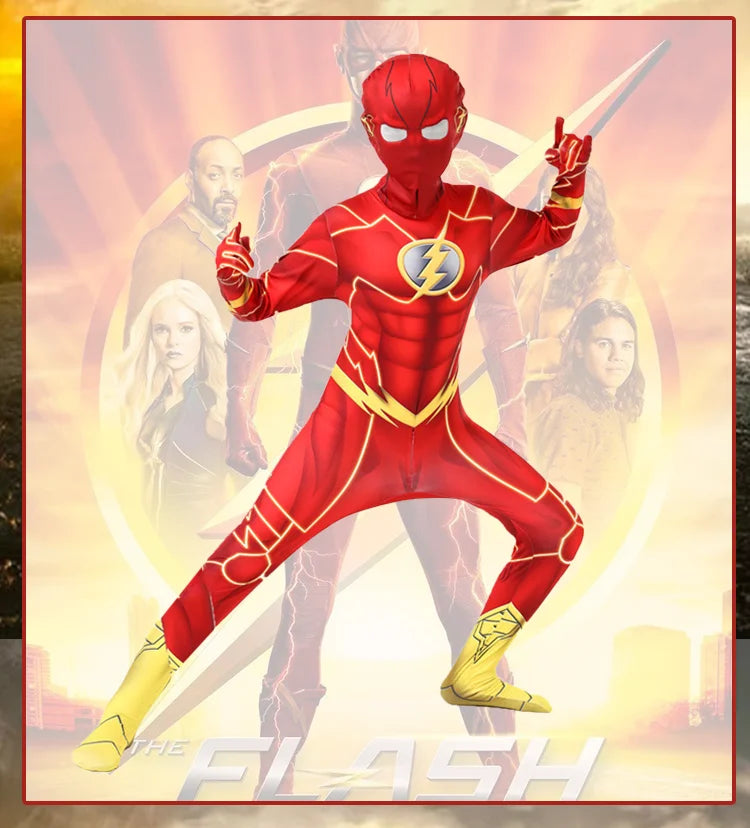 Kids Flash Man Boys Cosplay Costume New Year Carnival Party Fancy Dress with Headgear Mask Sets