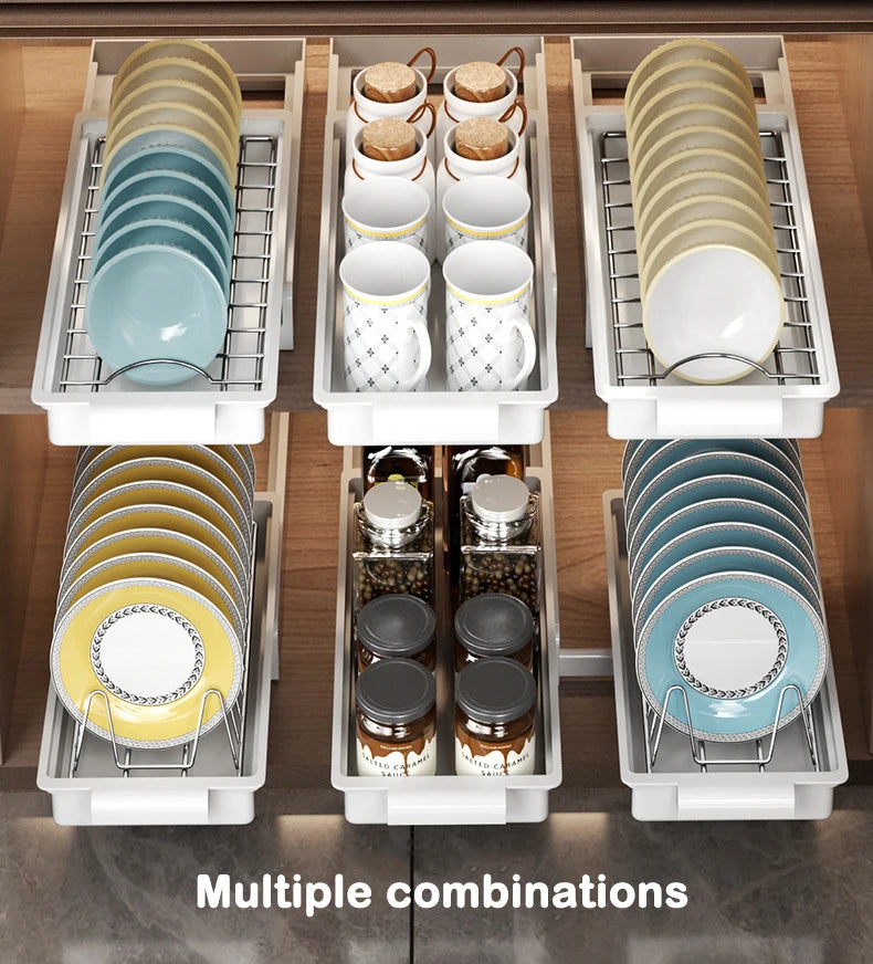 Kitchen Pull-Out Dish Rack with Drainboard – Sliding Mesh Cabinet Basket Organizer for Drawer Storage & Accessories
