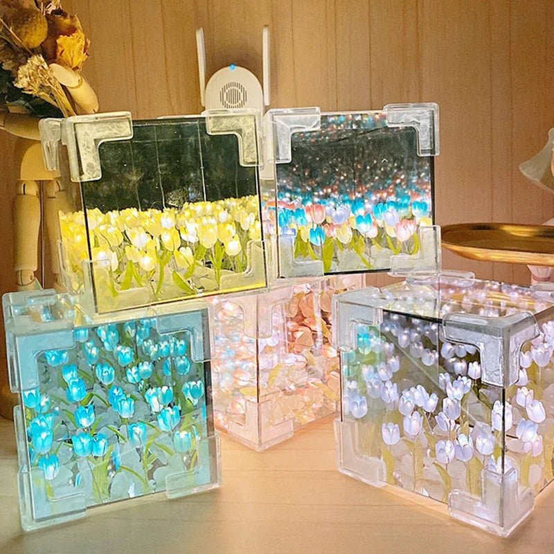 DIY Tulip Cube Lamp Simulation Flower Bedroom Sleeping Table Lamp Handmade Craft Tulips Night Light Birthday Gift - Thrifty Delights