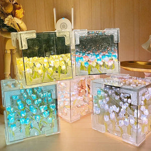 DIY Tulip Cube Lamp Simulation Flower Bedroom Sleeping Table Lamp Handmade Craft Tulips Night Light Birthday Gift - Thrifty Delights