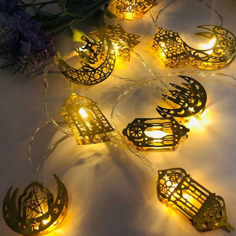 2025 Eid Mubarak LED String Lights Moon Star Castle Lamp Ramadan Kareem Decoration for Muslim Islamic Eid Al-Fitr Party Supplies