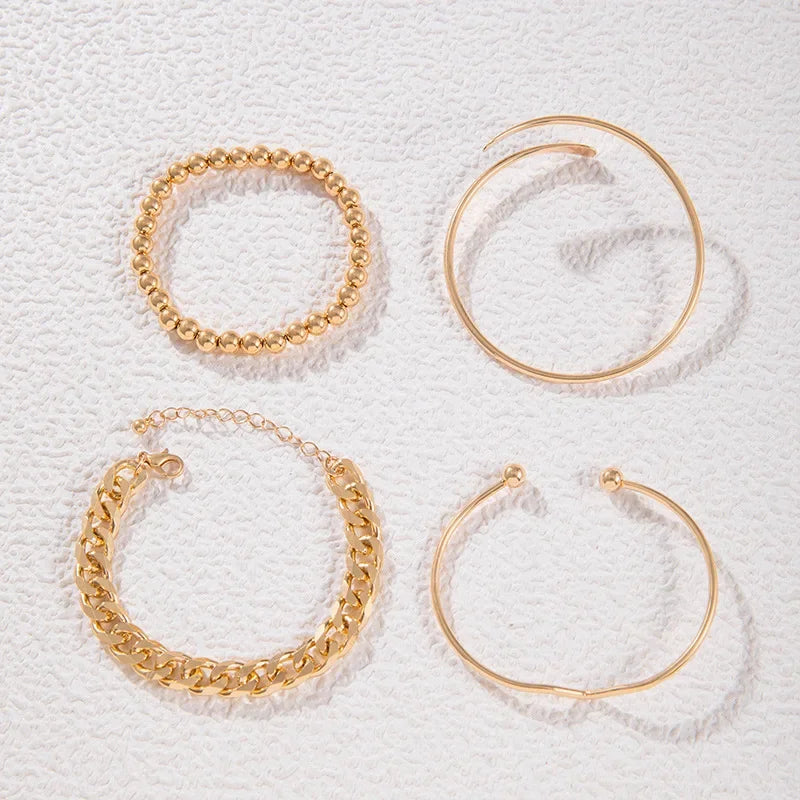 4pc Punk Cuban Curb Chain Bracelets Set for Women, Gold Color Jewelry