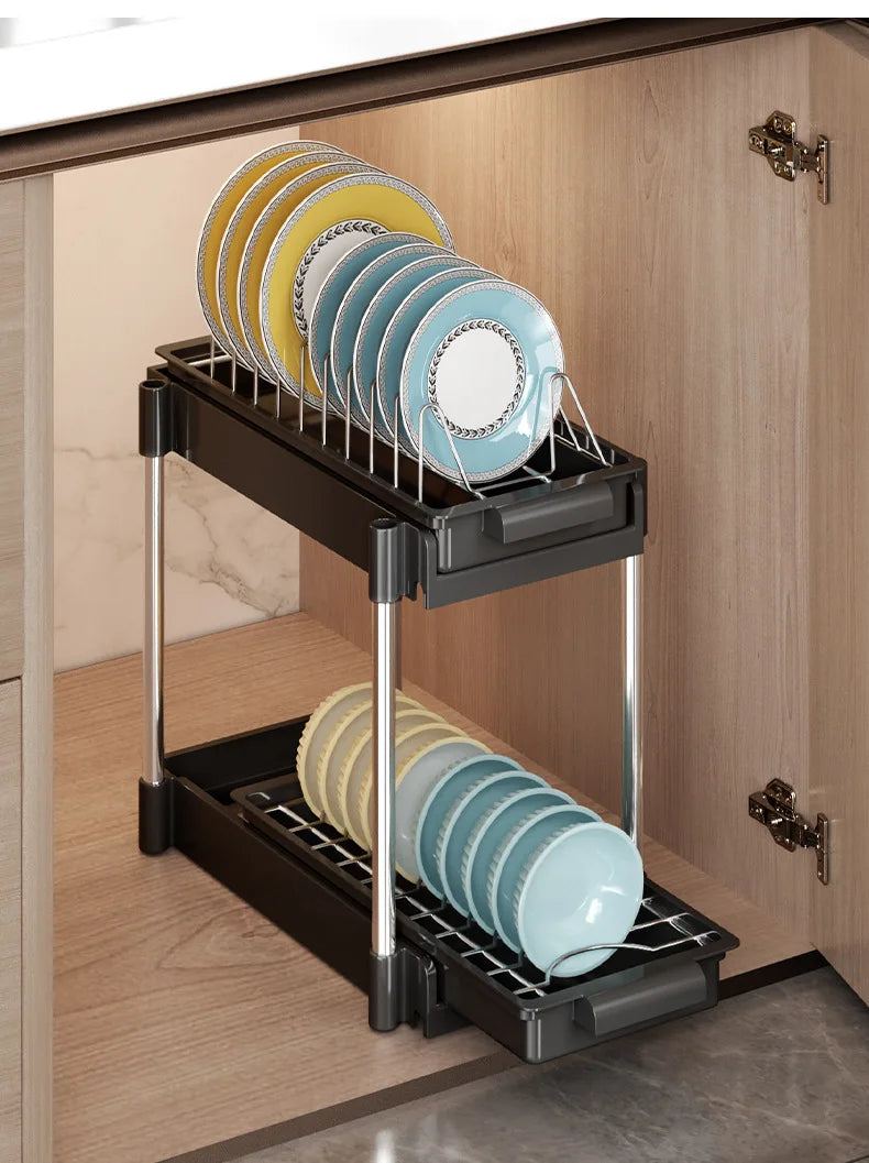 Kitchen Pull-Out Dish Rack with Drainboard – Sliding Mesh Cabinet Basket Organizer for Drawer Storage & Accessories