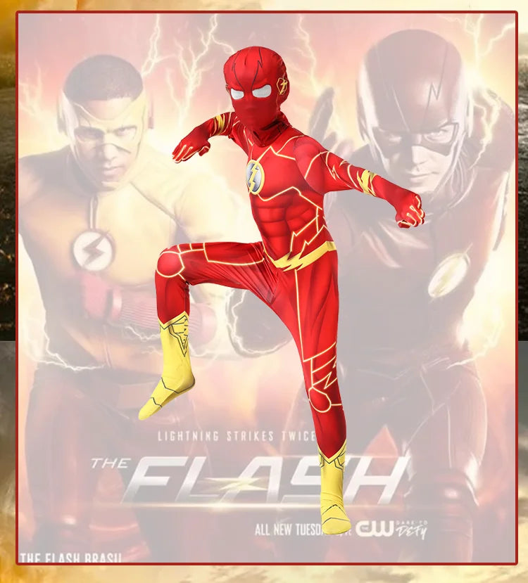 Kids Flash Man Boys Cosplay Costume New Year Carnival Party Fancy Dress with Headgear Mask Sets