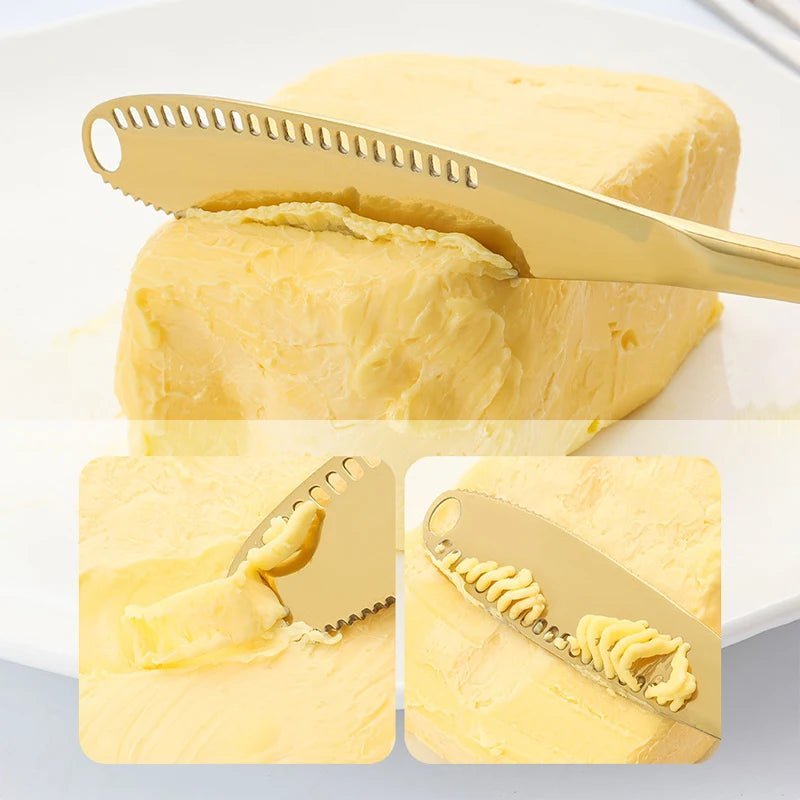 2024 New 3 in 1 Stainless Steel Butter Knife Cheese Dessert Jam Spreaders Cream Scraper Bread Splitter Butter Spreader - Thrifty Delights
