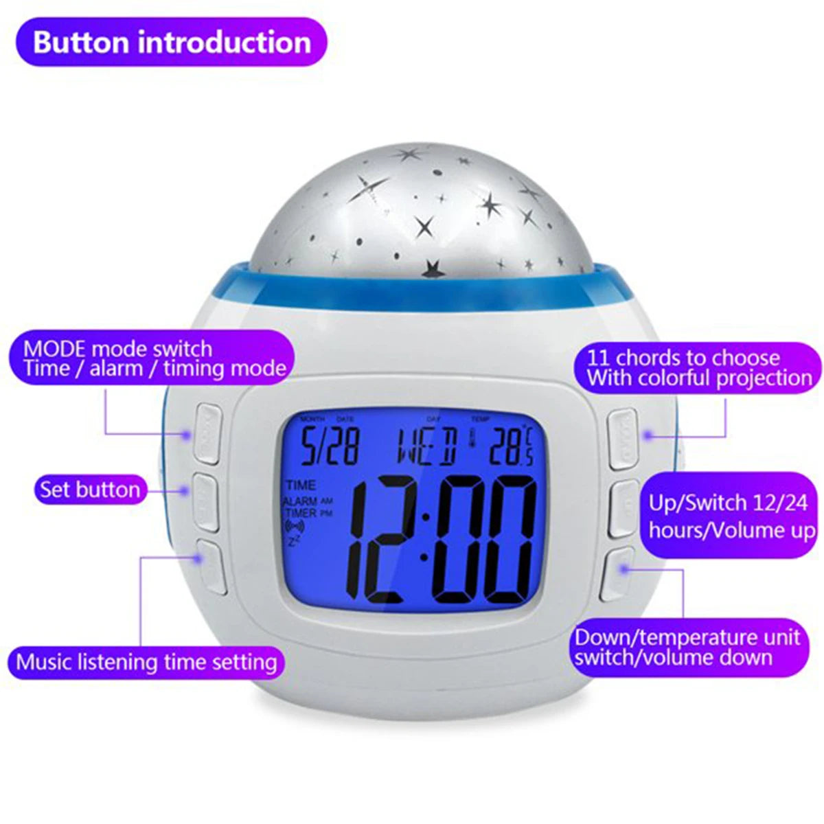 Alarm Clock Projection Light LED Alarm Clock Projection Light Star Sky Color Change Bedside Night Light for Bedroom Kids Room