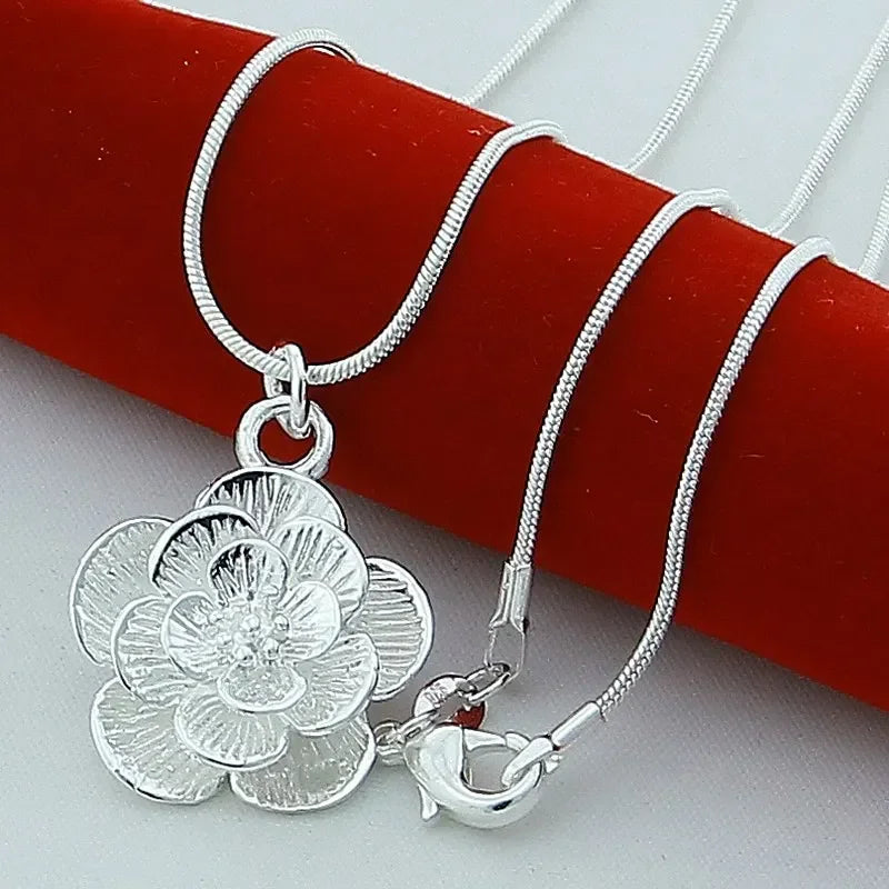 925 Sterling Silver Rose Flower Pendant Necklace Snake Chain for Women