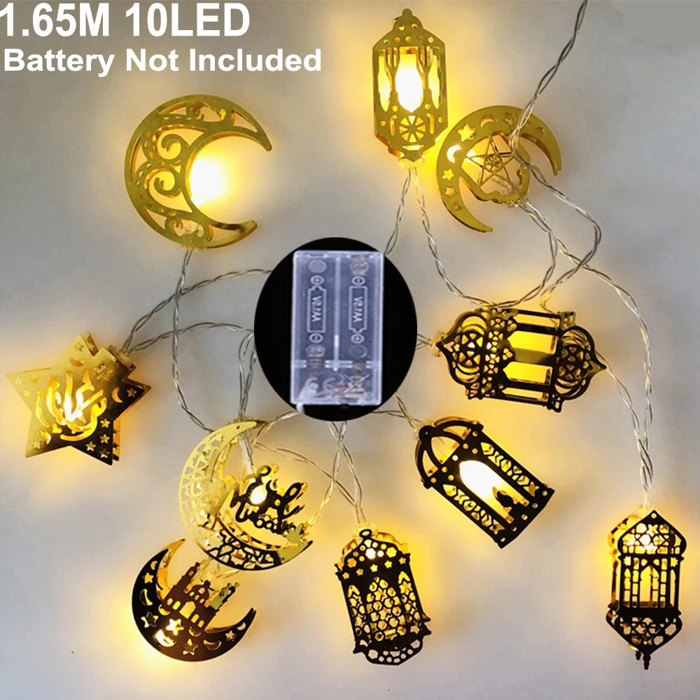 2025 Eid Mubarak LED String Lights Moon Star Castle Lamp Ramadan Kareem Decoration for Muslim Islamic Eid Al-Fitr Party Supplies