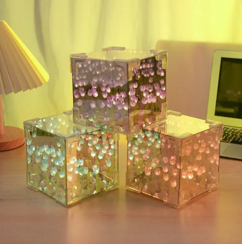 DIY Tulip Cube Lamp Simulation Flower Bedroom Sleeping Table Lamp Handmade Craft Tulips Night Light Birthday Gift - Thrifty Delights