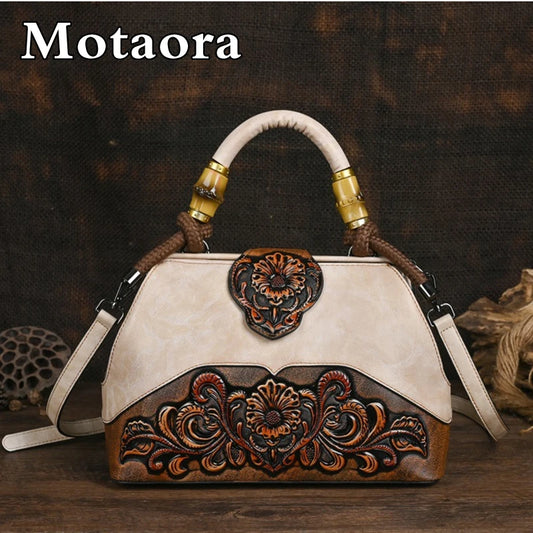 Vintage Carved Floral Leather Shoulder Bag - Luxury Women's Handbag