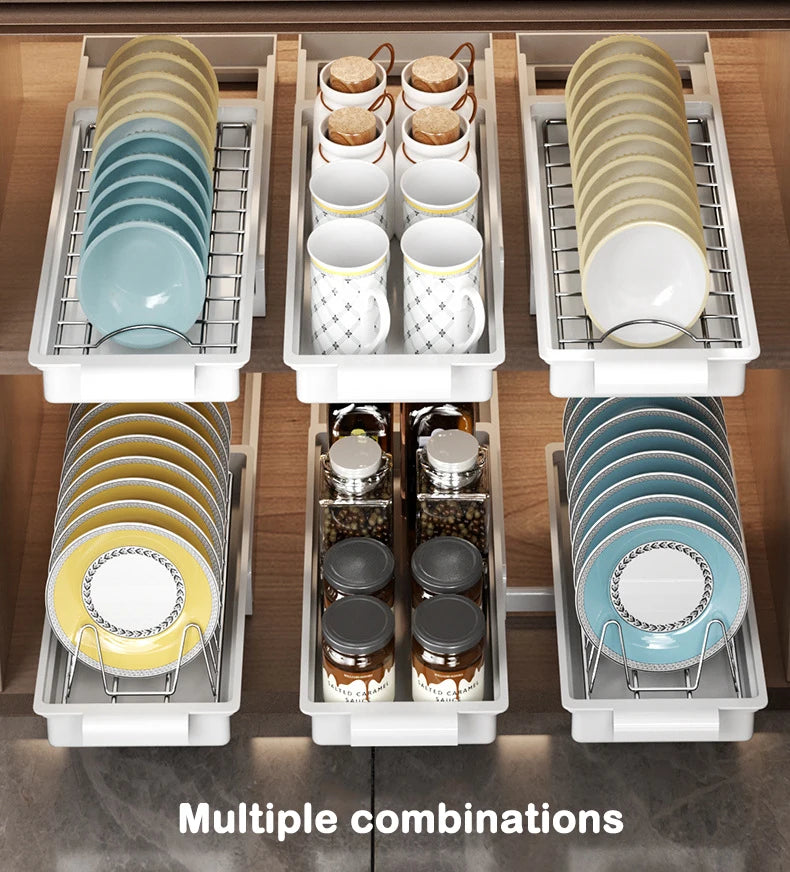 Kitchen Pull-Out Dish Rack with Drainboard – Sliding Mesh Cabinet Basket Organizer for Drawer Storage & Accessories