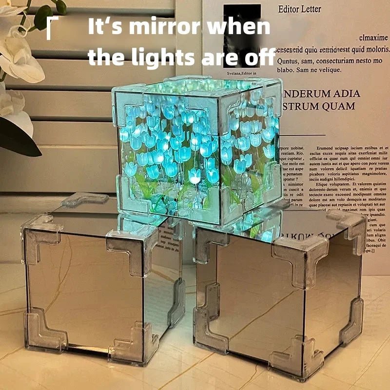 DIY Tulip Cube Lamp Simulation Flower Bedroom Sleeping Table Lamp Handmade Craft Tulips Night Light Birthday Gift - Thrifty Delights