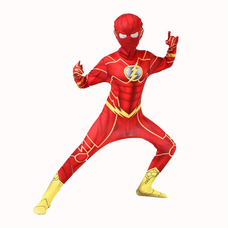 Kids Flash Man Boys Cosplay Costume New Year Carnival Party Fancy Dress with Headgear Mask Sets