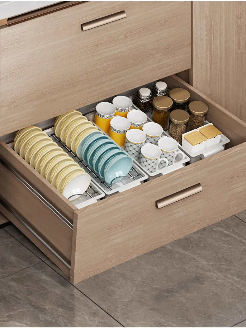 Kitchen Pull-Out Dish Rack with Drainboard – Sliding Mesh Cabinet Basket Organizer for Drawer Storage & Accessories